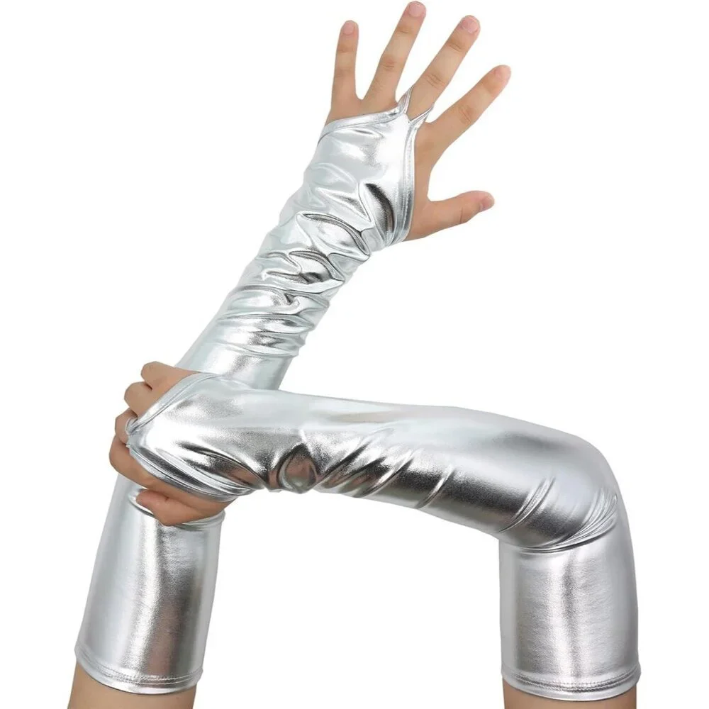 Women's Fingerless Shiny Metallic Spandex Silver Fashion Long Elastic Gloves - Picture 2 of 3
